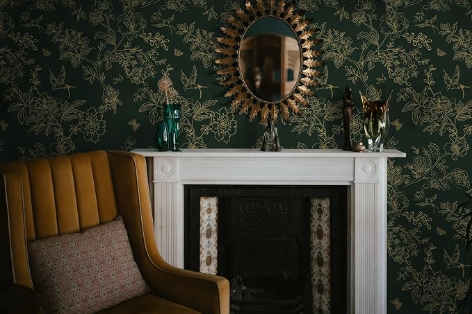 Froluya Green and Gold Peel and Stick Wallpaper for Bathroom 17.7in×393.7in | Dark Green Floral Wallpaper Vintage Contact Paper Peel and Stick Flowers Birds Removable Self Adhesive Cabinets Wall Paper - Image 7