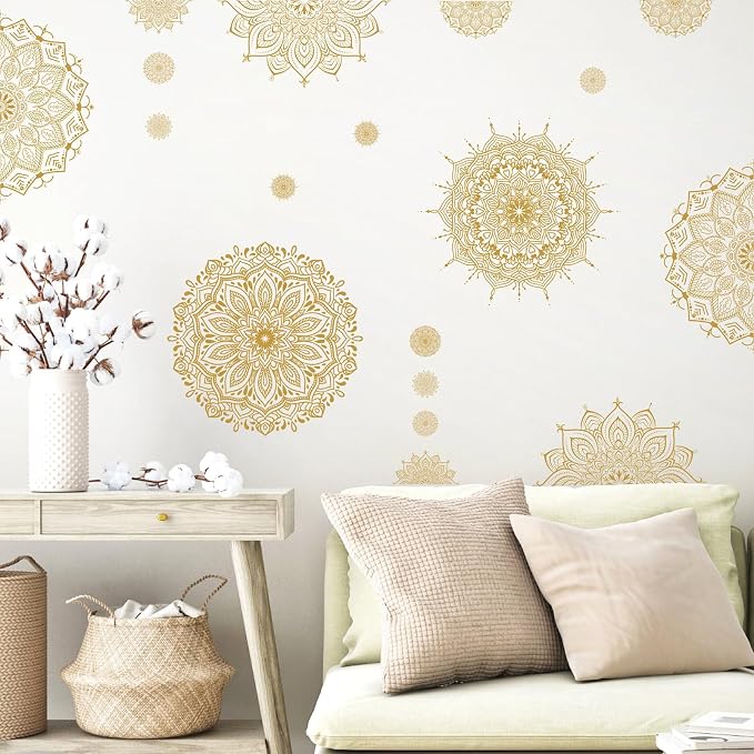 Large Mandala Wall Sticker Peel and Stick Boho Lotus Flower Wall Stickers Decor Mandala Floral Window Decals Clings Headboard Gold Mandala Wall Art Decal for Bedroom Living Room Yoga Decoration - Image 5