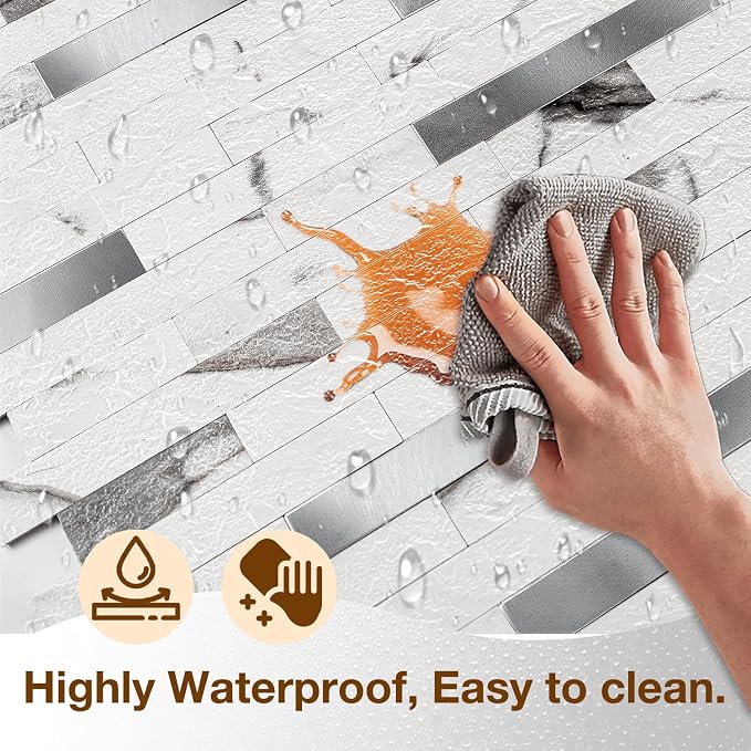 Peel and Stick Backsplash Tile Waterproof Removable PVC Wall Sticker 3D Faux Stone Marble Brick White Accent Panels (Rough White Marble - Metal Silver, 40 Tiles - 18 sq. ft. (1.68 m²)) - Image 4