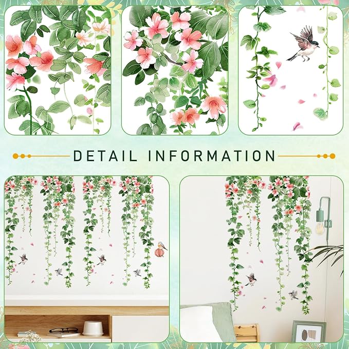4 Sheets Green Plants Flower Wall Decals Hanging Vine Green Leaves Wall Stickers Watercolor Pink Flowers Wall Art Nature Removable Peel and Stick Wallpaper for Kids Bedroom Nursery Home Decoration 21 - Image 3
