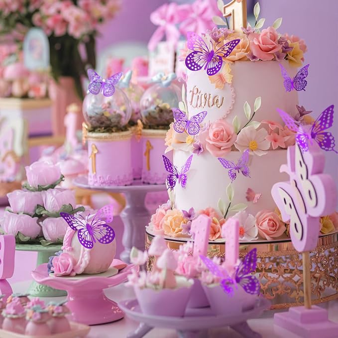 SAOROPEB 3D Butterfly Wall Decor 48 Pcs Purple Butterfly Decorations | 4 Styles 3 Sizes, Birthday Decorations Butterfly Party Decorations Cake Decorations, Removable Stickers - Image 3