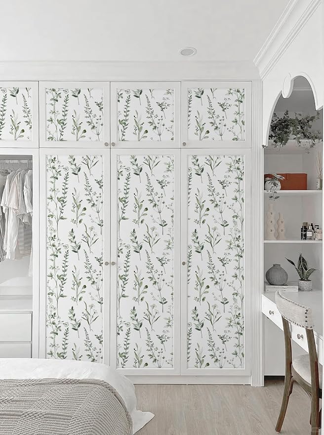 Peel and Stick Wallpaper for Bedroom Green Leaves Self-Adhesive | 393"×17.3" Green and White Wallpaper Fresh Accent Wall Decor with Grid Lines for Bathroom Vinyl Waterproof - Image 7
