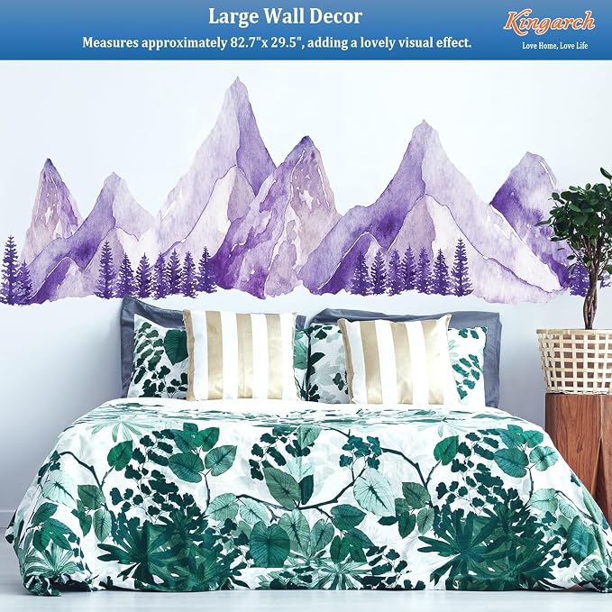 Purple Watercolor Mountain Wall Decals Peel and Stick - Scenic Mountain Pine Trees Forest, Boho Nature Landscape Vinyl Sticker for Bedroom, Nursery, Living Room - Removable Wall Mural Decor - Image 6