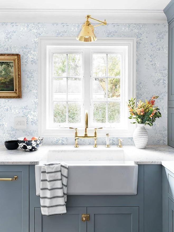 Dimoon Blue Peel and Stick Wallpaper Floral Vintage Wallpaper French Country Renter Friendly Contact Paper Bathroom Kitchen Removable Boho Stick on Wall Paper Vinyl Roll 17.3''×394" - Image 9
