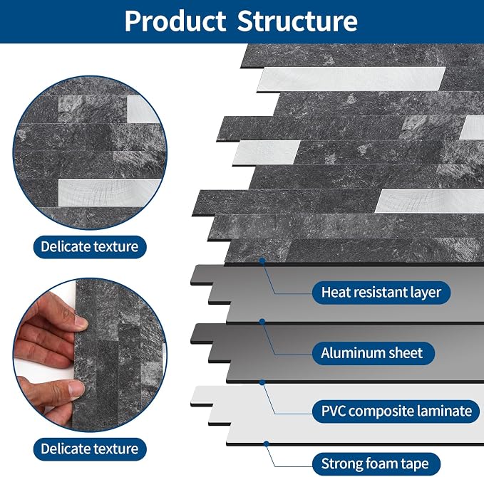 Yipscazo 20 Sheets Peel and Stick Stone Metal Tile Backsplash, Stick on Tiles for Backsplash Kitchen, Bathroom, Laundry Room, Camper, Fireplace (12'' X 12'', Dark Black) - Image 8