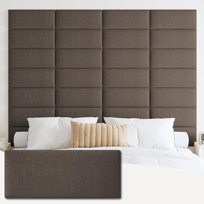 IFNOW Wall Mounted Headboard, Peel and Stick Panels, Brown, Queen | 3D Soundproof Acoustic Padding, Reusable and Removable, Tufted fabric Bed Headboard, for bedroom (6 Panels, 10" x 24") by IFNOW