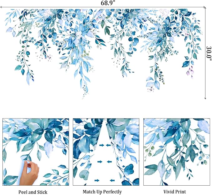 Blue Plants Leaves Wall Decals Peel and Stick, Large Floral Flowers Vinyl Wall Stickers, Removable Vine Home Decor Art for Bedroom Living Room Classroom Office - Image 2