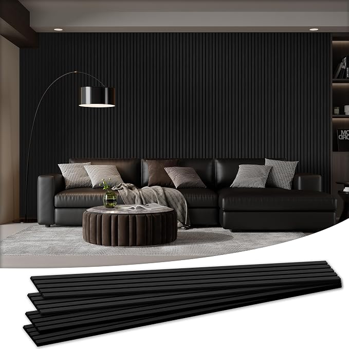 4 Pack Wood Salt Acoustic Wall Panels 94" x 12.6" x 0.8", Matte Black | 3D Fluted Soundproof Wooden Wall Panel, Sound-absorbing Wall Decor for Home Theater Studio Office Bedroom by LDB_BUILDING