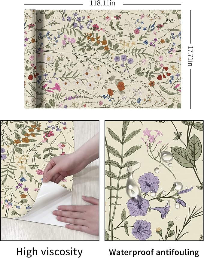 JiffDiff Floral Wallpaper Peel and Stick - Farm Floral Wall Paper Wildwood Self Adhesive Contact Paper for Home Bedroom Cabinets and Kitchen Countertop ThickenStick on Wallpaper 17.3"x118" - Image 7