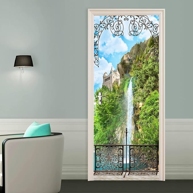 artfanke 3D Door Sticker Peel and Stick 33.5"x84.6" - Castle with Waterfall Self-Adhesive Door Murals Wallpaper Decal for Home Decor (2 Sheets/Set) - Image 3