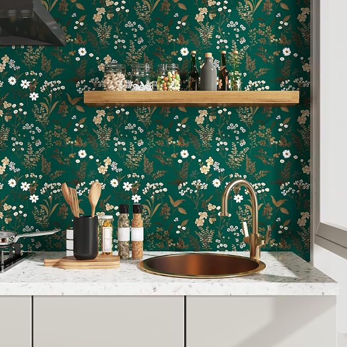 Laatse Vintage Dark Green Gold Floral Peel and Stick Wallpaper 17.5"x118" | Self Adhesive/Removable/Waterproof/Thick Vinyl Contact Paper for Bathroom Bedroom Shelf Cabinet Drawer,Prepasted,Easy Peel - Image 4