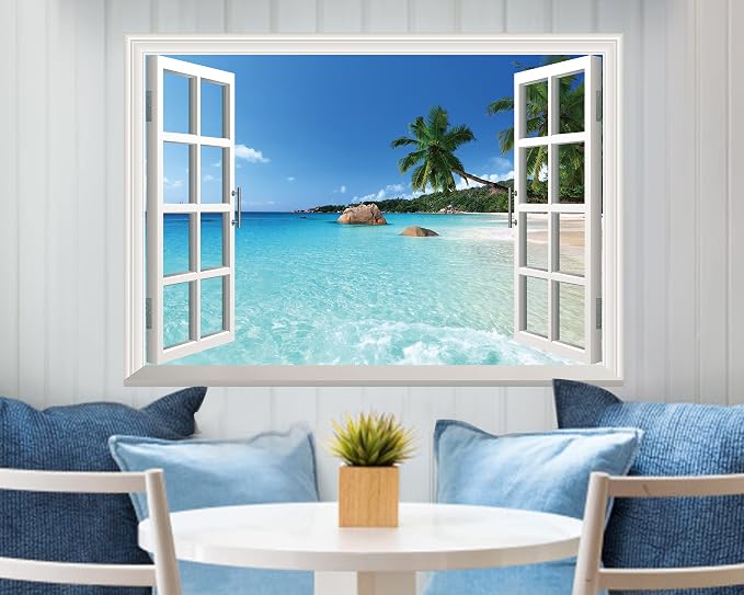 FLFK Fake Window Wall Sticker - Summer Beach Faux Window Wall Mural for Wall Decor, Stick and Peel Wall Decals,48"x32",Set of 2 Sheets - Image 3