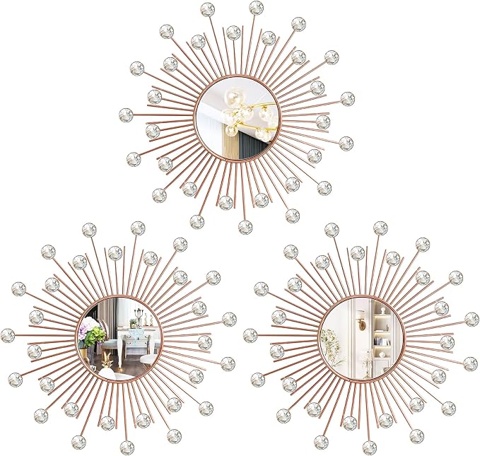 3 Pack Metal Mirrors for Wall Sunburst Wall Mirrors Home Décor Decorative Hanging Wall Art for Living Room Bedroom Entryway (Rose Gold2 Crystal, Sunburst) by Uaussi