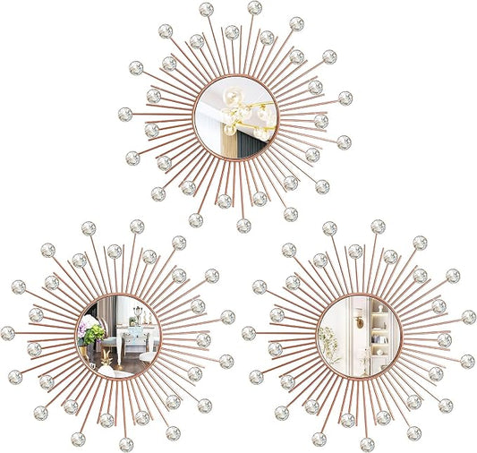 3 Pack Metal Mirrors for Wall Sunburst Wall Mirrors Home Décor Decorative Hanging Wall Art for Living Room Bedroom Entryway (Rose Gold2 Crystal, Sunburst) by Uaussi