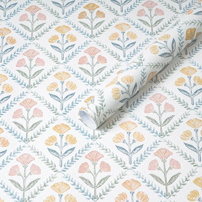 Dimoon 17.3''x393'' Peel and Stick Wallpaper Floral Boho Contact Paper Cute Vintage Village Wallpaper Farmhouse White Blue Renter Friendly Geometry Grid Waterproof Embossed Kitchen Bedroom Vinyl by DIYYOURMOON