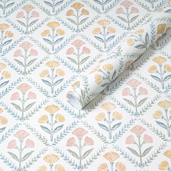 Dimoon 17.3''x78.7'' Peel and Stick Wallpaper Floral Boho Contact Paper Cute Vintage Village Wallpaper Farmhouse White Blue Renter Friendly Geometry Grid Waterproof Embossed Kitchen Bedroom Vinyl by DIYYOURMOON