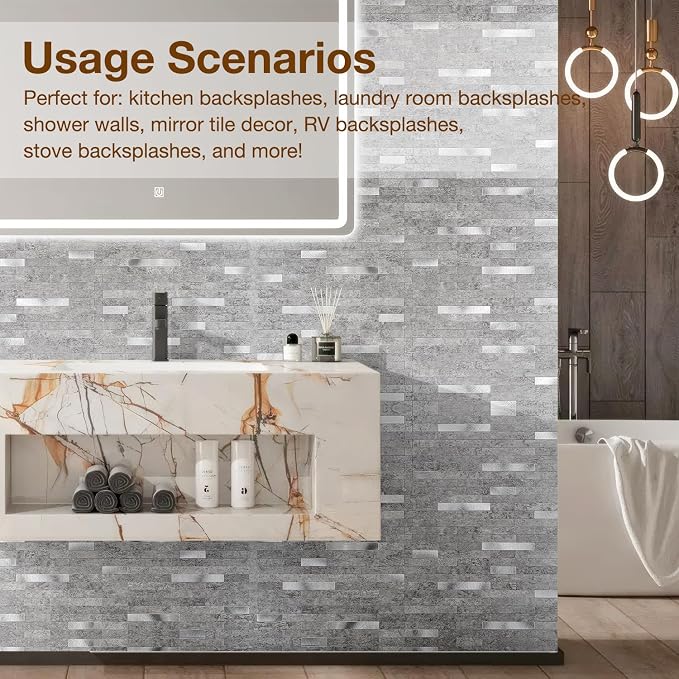 Peel and Stick Backsplash Tile Waterproof Removable PVC Wall Sticker 3D Faux Stone Marble Brick White Accent Panels (Matte Gray Stone - Metal Silver, 20 Tiles - 9 sq. ft. (0.84 M²)) - Image 7