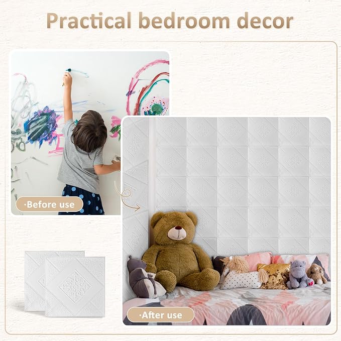 Nuanchu 20 Pcs 13.8 x 13.8 Inch Ceiling Tiles Peel and Stick, Elegant | Foam White 3D Wall Panels 26-105.5 Sq. ft Adhesive Glue up Waterproof Wallpaper for DIY Office Home - Image 4