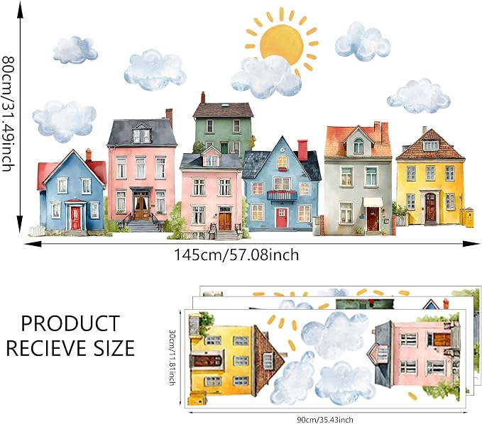 Watercolor Towns Village Wall Decal, Peel and Stick Nursery Mural Wall Stickers for Kids, Boys and Girls Room, Bedroom & Toddler Room Decor - Image 2