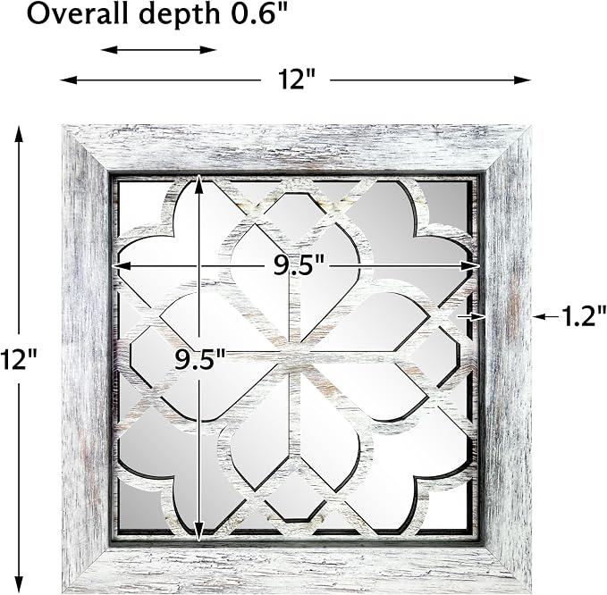 Set of 4 Boho Wall Mirrors with Carved Floral Design, 12x12 Inch Rustic Farmhouse Accent Mirrors, Vintage Style Shatterproof Square Mirror Decor for Living Room, Bedroom(Grey) - Image 4