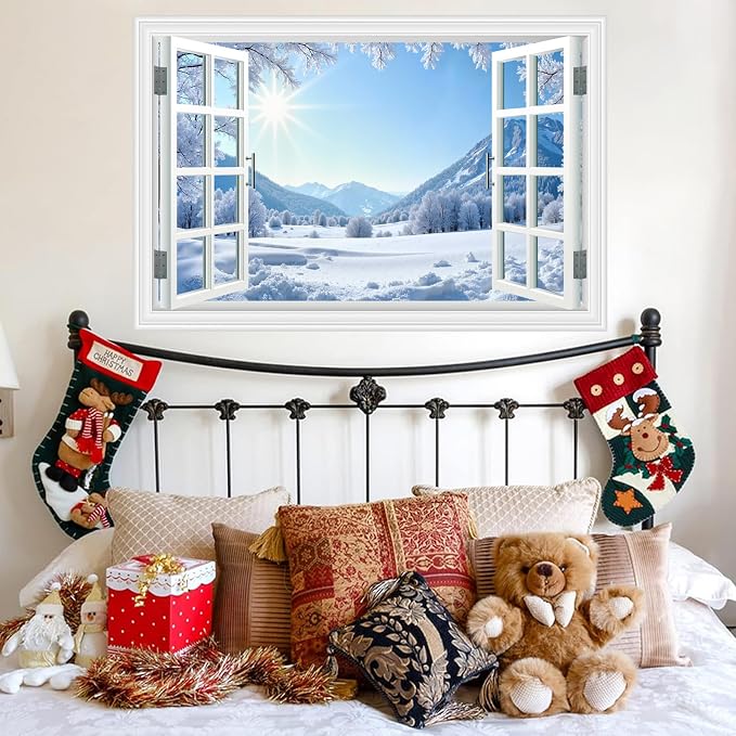 Fake Window Wall Decal- Winter Sunshine Snow Mountains Open Wall Sticker | Faux Window Conifer Forest Snowfield Natural Landscape Mural｜Stick and Peel Wall Decals｜for Home Room Scene Decor｜24"x16" - Image 2