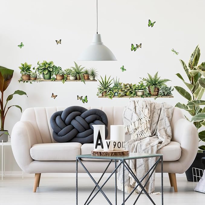 3D Green Potted Plant Wall Decals - Tropical Butterfly Leaves Vinyl Wall Stickers, Peel and Stick, Removable, Wall Art - for Living Room, Bedroom, Tv Background, Home Office, and Wall Mural - Image 5