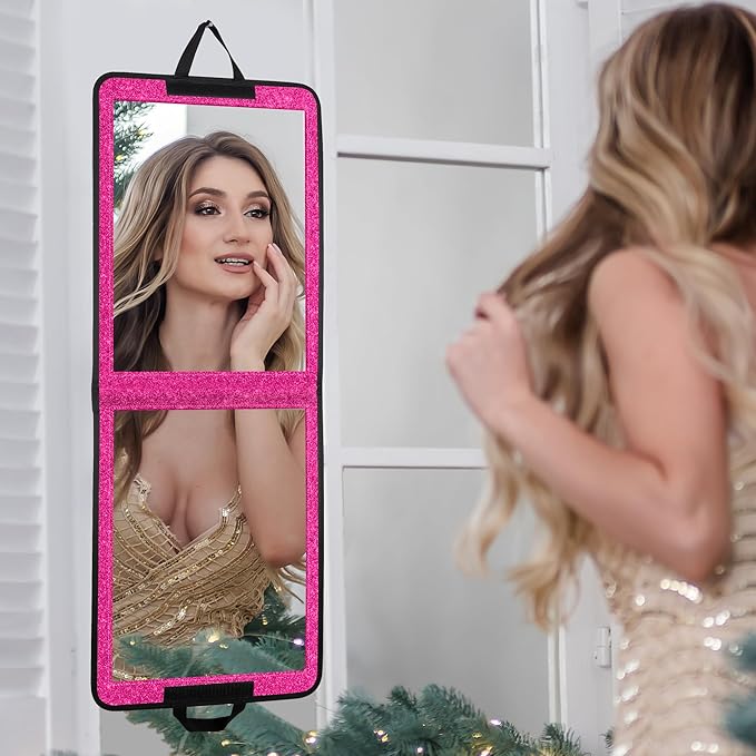 LPHUMEX Sparkle Hot Pink Folding Mirror 13”x33”, Foldable Full-Length Travel Mirror 3-Way Use, Perfect for Dance, Festivals, RV by LPHUMEX