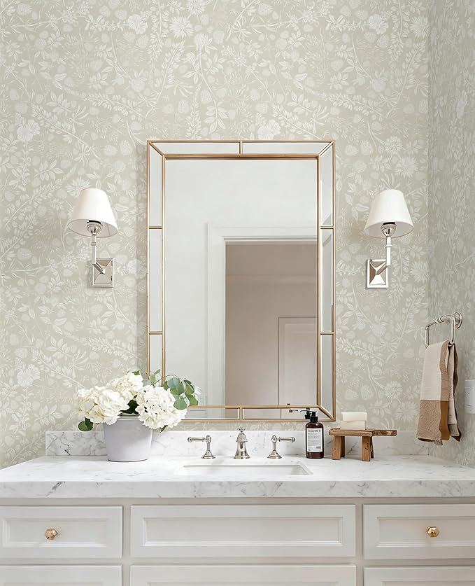 Beige and Cream White Peel and Stick Wallpaper Floral Wallpaper Slef Adhesive Removable Waterproof Contact Paper Boho Wall Paper for Dining Room Bedroom Living Room Bathroom Kitchen 17.3''x78.7'' - Image 5