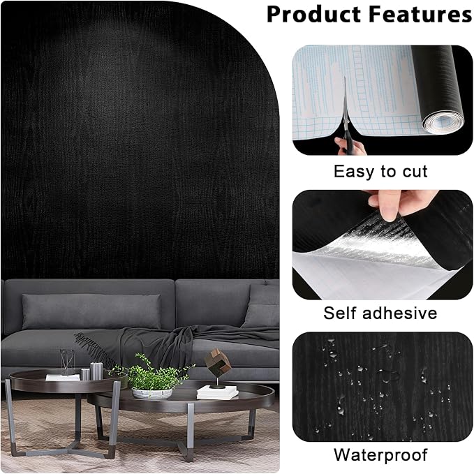 Vinjiasin Black Wallpaper Wood Grain Contact Paper Peel and Stick Wall Paper Waterproof Self Adhesive Thickened Vinyl Wrap for Countertops Cabinets Desk Decorative Film Easy to Clean 15.7" x 118" - Image 4