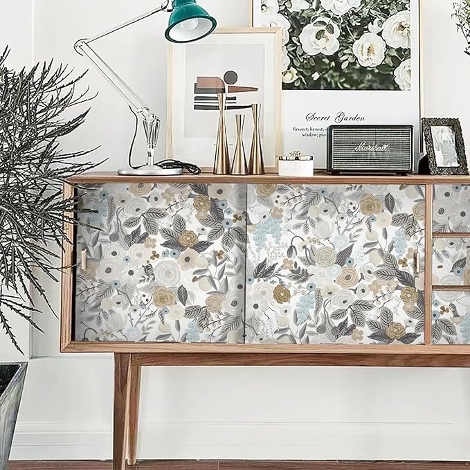 Ismoon Floral Peel and Stick Wallpaper Gray Contact Paper Vintage Removable Self-Adhesive Wallpaper Boho Watercolor Renovated Furniture for Cabinets Shelves Counter Tops Wall Decor Roll 17.3in x197in - Image 2