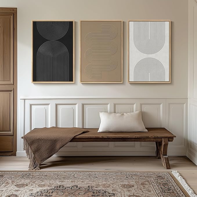 3D Textured Large Framed Boho Neutral Abstract Wall Art Set of 3, 20x30 In | Solid wood frames, raised sculptural lines, black white and beige palette, decorations for living room dining room bedroom - Image 2