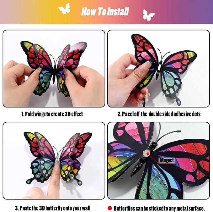 SAOROPEB 3D Butterfly Wall Decor, 24 Pcs Rainbow Butterfly Decorations | Double Layer for Party Decorations Locker Decor Refrigerator Decal, Reusable - Image 7