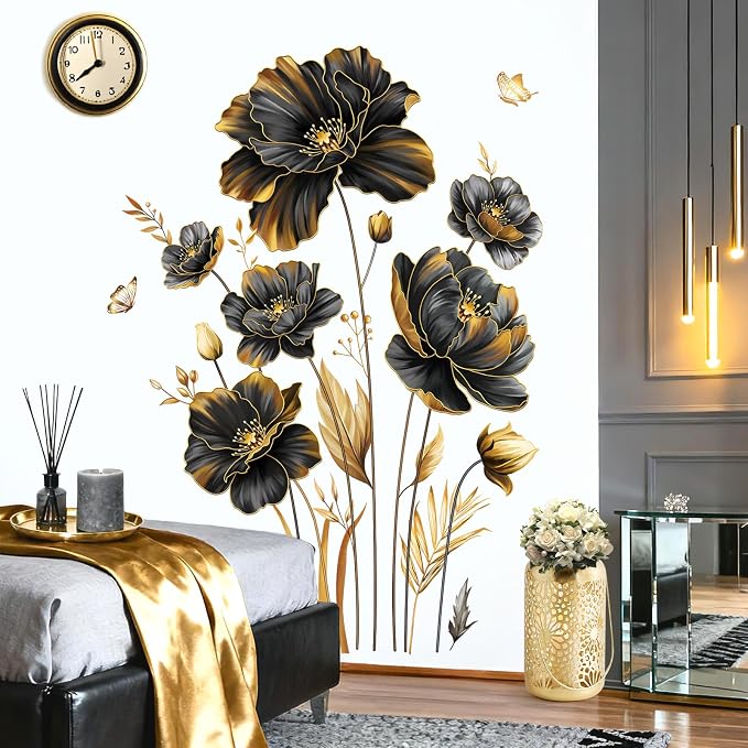 decalmile Black Gold Flower Leaves Plants Floral Wall Decals Stickers - Image 2