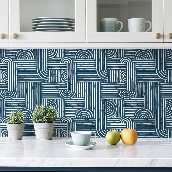 Livelynine 17.5x276 Blue Wallpaper Peel and Stick Navy Mid Century Modern Geometric Wallpaper for Bathroom Bedroom Renter Friendly Bold Dark Blue and White Modern Boho Contact Paper for Walls Easy - Image 5