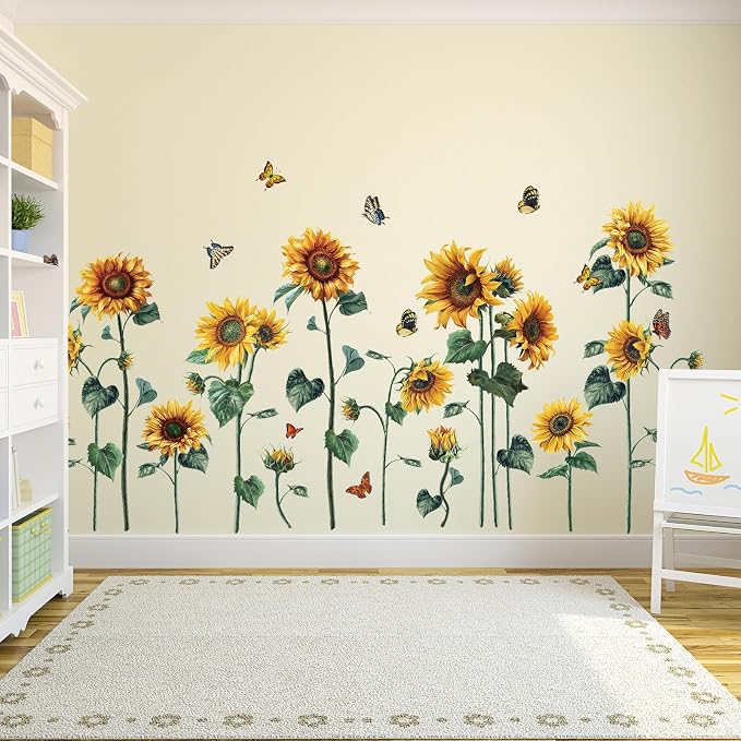 Watercolor Sunflower Wall Sticker Peel and Stick Flower Butterfly Wall Decal Vintage Floral Plant Wall Art Mural Green Leaf Wall Stickers for Living Room Bedroom Decor - Image 4