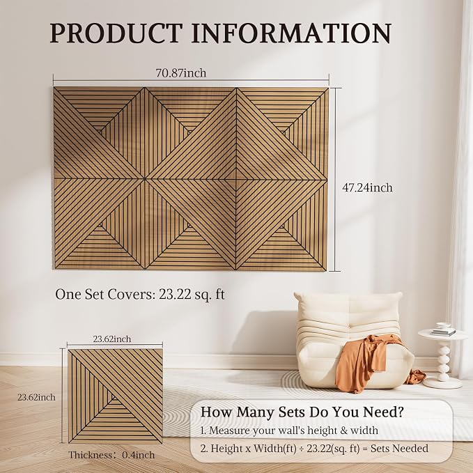 Acoustic Wall Panels, 6 Piece 23.62"X 23.62" PVC Peel and Stick Wall Panels | High-Density Polyester Fiber Self Adhesive Soundproofing for Interior Wall Décor, Recording Studios, Teak - Image 2