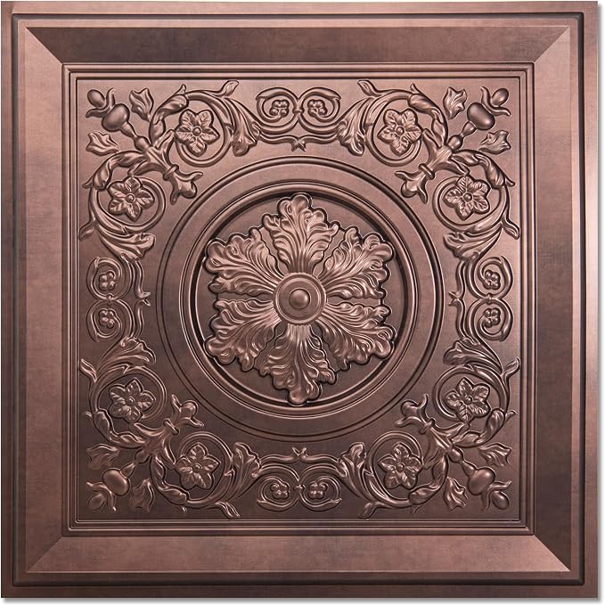 WOWSTAR 12-Pack 24"x24" 3D Drop Ceiling Tiles, Waterproof Glue up Ceiling Panels, Antique Copper | PVC ceiling panels, 24"x24", waterproof, glue-up install, basement kitchen bathroom, 12-pack by WOWSTAR