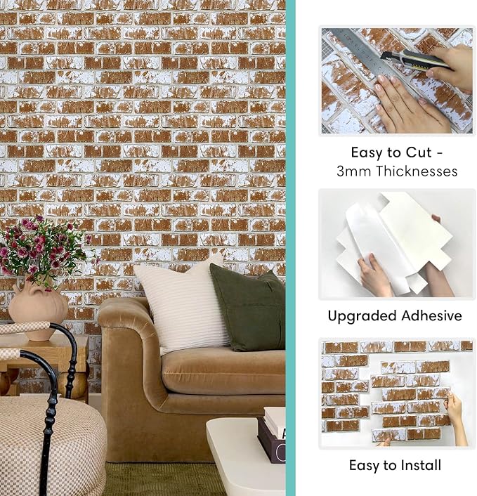 Commomy Faux Brick Wall Panels Peel and Stick Thin PVC 10 Pcs 11.8" x 11.8" | Small Size Thin PVC Quick Wall Covering Home Decor for Kitchen,Fireplace,Home Office (Covers 9.7 sq.ft) - Image 6