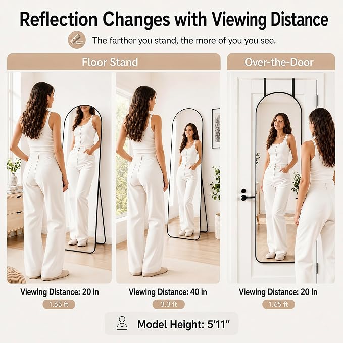 57x20" Full Length Mirror Floor Stand,Over the Door,Wall Mounted Black - Image 4