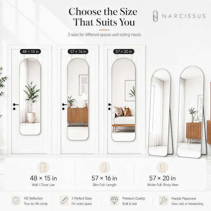 NARCISSUS Full Length Mirror 57x16 Inch, Over The Door Mirror with Stand, Wall Mounted or Freestanding/Door Hanging Full Body, Aluminum Alloy Frame, Silver - Image 9