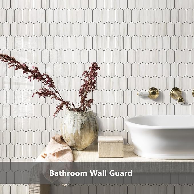 Vamos Tile Long Hexagon Peel and Stick Backsplash Tile - 10 Sheets Stick on Backsplash for Kitchen and Bathroom 12.4 x 12 Inch Glossy Dolomite White PVC Self Adhesive Mosaic Wall Tiles - Image 7