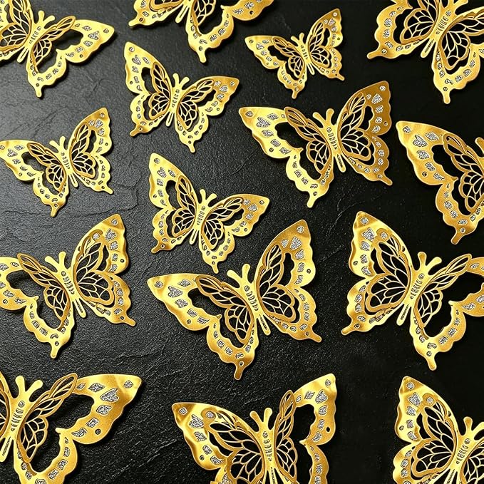 60 Pcs Butterfly Wall Decals - 3D Gold Butterflies Removable Mural Wall Stickers for Home Room Office Bedroom Decorations by eoorau