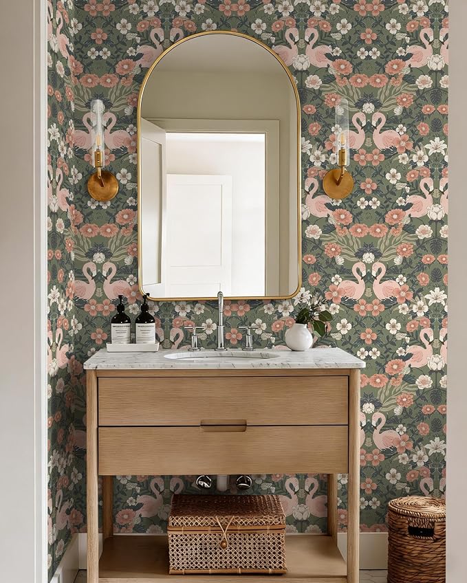 Heroad Green Peel and Stick Wallpaper Vintage Floral Flamingo Contact Paper William Morris Wall Paper Removable Renter Friendly Wallpaper for Bedroom Nursery Farmhouse Vinyl Rolls 17.3''X 78.7'' - Image 6