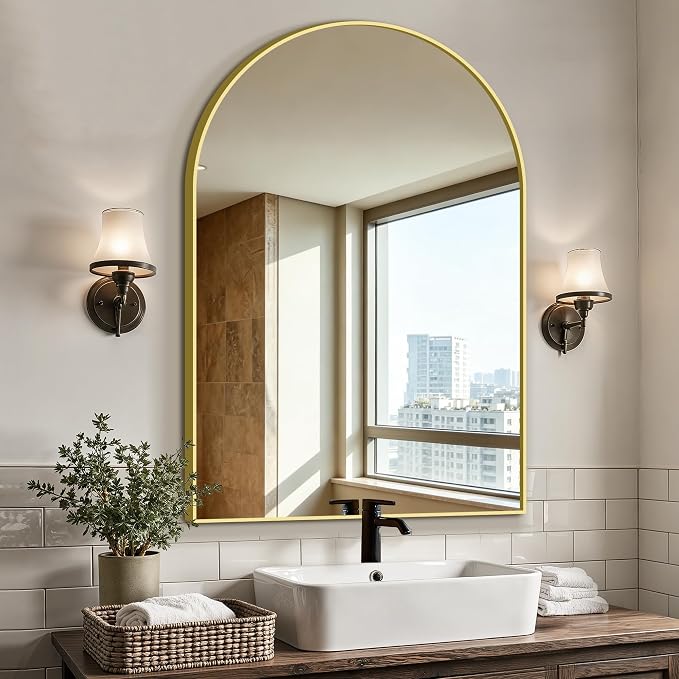 Arched Bathroom Vanity Mirror for Over Sink, 38”x26”, Gold by LawadaMirror