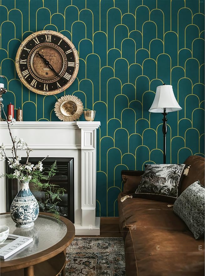 Yasinet Peel and Stick Wallpaper Green and Gold Wallpaper Modern Dark Green Contact Paper Gold Geometric Removable Self Adhesive Wall Paper for Bedroom/Cabinet Waterproof Bathroom Vinyl 393.7" x 17.3" - Image 2
