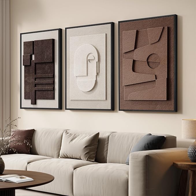 3D Textured Framed Brown and White Abstract Wall Art Set, 3 Piece 16x24 In | Solid wood frames, sculptural relief details, deep brown and ivory tones, ready to display in bedroom living room and dining - Image 2