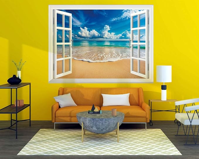 FLFK Fake Window Wall Mural - Ocean Beach Faux Window Wall Decal for Wall Decor, Peel and Stick Wall Sticker,80"x60",Set of 5 Sheets - Image 5