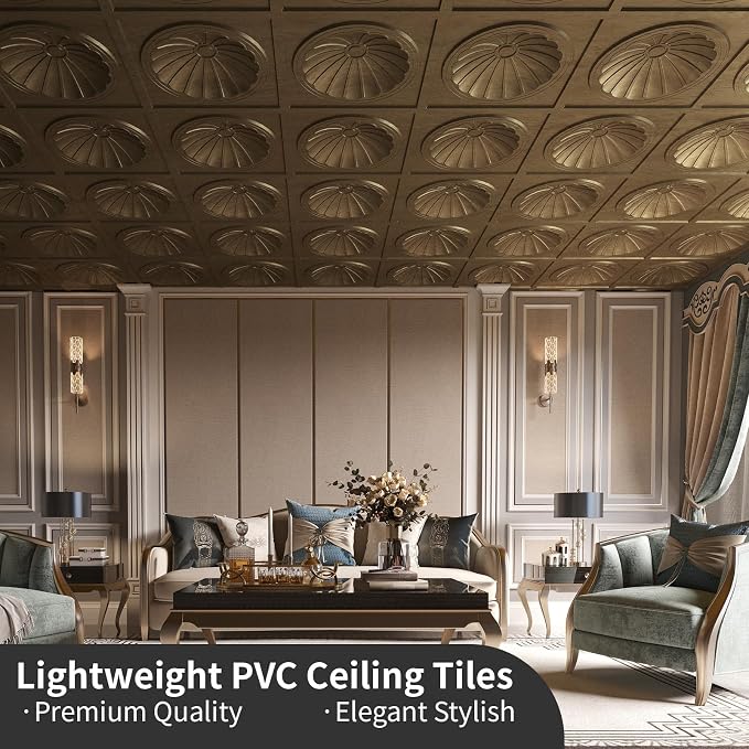 Art3dwallpanels Ceiling Tiles, 24 x 24 Inch, Antique Gold, 12 Pack | 3D Recessed Circle PVC Ceiling Panels, Fireproof Waterproof Light Tiles, 12 Pack 24"×24" Drop In Ceiling Decoration - Image 4