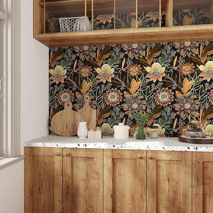 Laatse Boho Dark Black Gold Floral Wallpaper Peel and Stick 17.5"x787" | Self Adhesive/Removable/Waterproof/Thick Vinyl Extra Long Contact Paper for Bathroom Bedroom Shelf Cabinet Drawer,Prepasted - Image 5