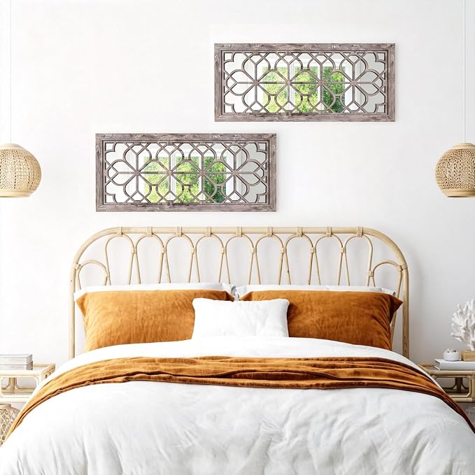 Set of 2 13x30 Inch Large Brown Shatterproof Carved Floral Wood Frame Wall Mirrors, Boho Farmhouse Rustic Accent Mirrors for Living Room Bedroom Bathroom & Home Decor - Image 7